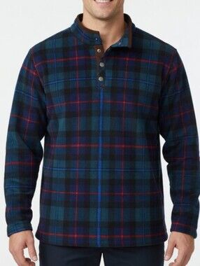 Men's Smith's Workwear Blue Plaid Button-Quarter Fleece Shirt ( Size:Medium)